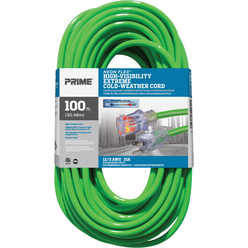 Neon Flex&reg; High Visibility Extension Cord, Outdoor, SJTW, 12/3 AWG, 15 A, 100' Ottawa Fastener Supply