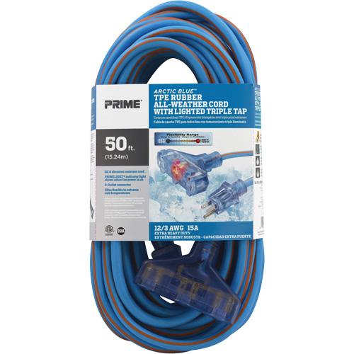 Cordons rallonges en caoutchouc TPE Arctic Blue, Toutes saisons, SJEOW, AWG 12/3, 15 A, 3 prise(s), 50' Ottawa Fastener Supply
