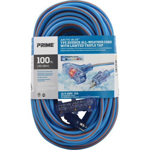 Arctic Blue TPE-Rubber Extension Cord, All-Weather, SJEOW, 12/3 AWG, 15 A, 3 Outlet(s), 100' Ottawa Fastener Supply