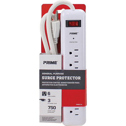 Surge Protector, 6 Outlets, 750 J, 1875, 3' Cord Ottawa Fastener Supply