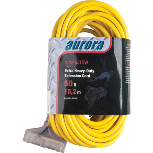 Vinyl Extension Cord with Light Indicator, Outdoor, SJTOW, 12/3 AWG, 15 A, 3 Outlet(s), 50' Ottawa Fastener Supply