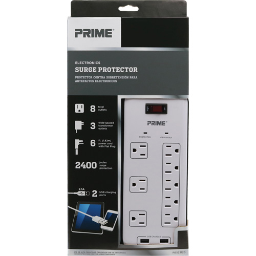 USB Charging Surge Protectors, 8 Outlets, 2400 J, 1875 W, 6' Cord Ottawa Fastener Supply