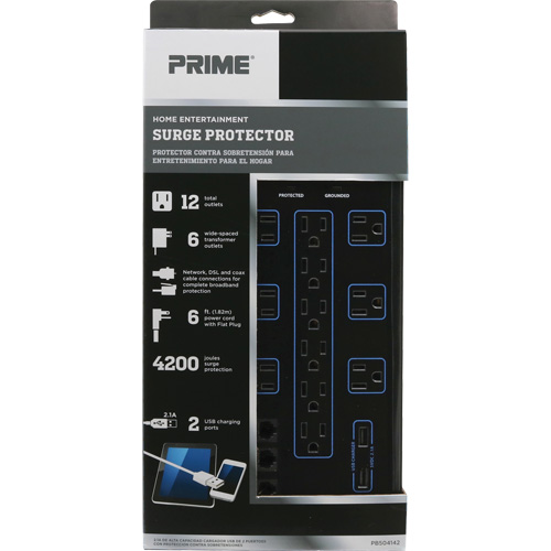 Limiteurs de surtension avec chargeur USB, 12 Prises, 4200 J, 1875 W, Cordon 6' Ottawa Fastener Supply