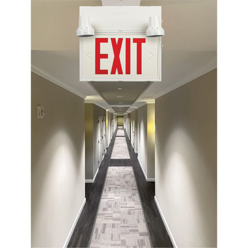 Exit Sign with Security Lights, LED, Battery Operated/Hardwired, 12-1/10" L x 11" W, English Ottawa Fastener Supply