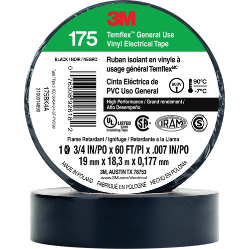 Temflex General Use Vinyl Electrical Tape 175, 19 mm (3/4") x 18 M (60'), Black, 7 mils Ottawa Fastener Supply