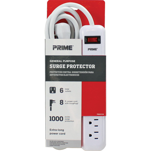 Surge Protector, 6 Outlets, 1000 J, 1875 W, 8' Cord Ottawa Fastener Supply