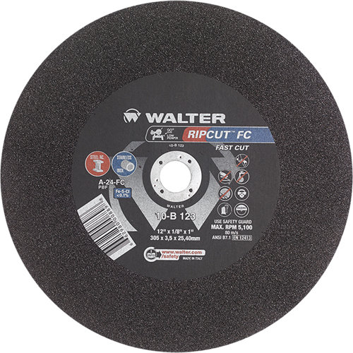 Ripcut Stainless Steel & Steel Cut-Off Wheel for Stationary Saws, 12" x 1/8", 1" Arbor, Type 1, Aluminum Oxide, 5100 RPM Ottawa Fastener Supply