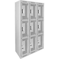 Clean Line Lockers, 3 -tier, Bank of 3, 36" x 12" x 72", Steel, Grey, Rivet (Assembled), Perforated Ottawa Fastener Supply