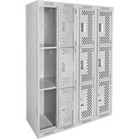 Clean Line Lockers, 3 -tier, Bank of 4, 48" x 12" x 72", Steel, Grey, Rivet (Assembled), Perforated Ottawa Fastener Supply