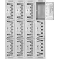 Clean Line Lockers, 3 -tier, Bank of 4, 48" x 12" x 72", Steel, Grey, Rivet (Assembled), Perforated Ottawa Fastener Supply
