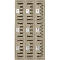 Clean Line Lockers, 3 -tier, Bank of 3, 36" x 12" x 72", Steel, Beige, Rivet (Assembled), Perforated Ottawa Fastener Supply