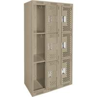 Clean Line Lockers, 3 -tier, Bank of 3, 36" x 12" x 72", Steel, Beige, Rivet (Assembled), Perforated Ottawa Fastener Supply