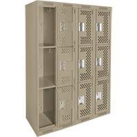 Clean Line Lockers, 3 -tier, Bank of 4, 48" x 12" x 72", Steel, Beige, Rivet (Assembled), Perforated Ottawa Fastener Supply
