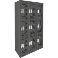 Clean Line Lockers, 3 -tier, Bank of 3, 36" x 12" x 72", Steel, Charcoal, Rivet (Assembled), Perforated Ottawa Fastener Supply