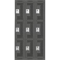 Clean Line Lockers, 3 -tier, Bank of 3, 36" x 12" x 72", Steel, Charcoal, Rivet (Assembled), Perforated Ottawa Fastener Supply