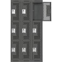 Clean Line Lockers, 3 -tier, Bank of 3, 36" x 12" x 72", Steel, Charcoal, Rivet (Assembled), Perforated Ottawa Fastener Supply