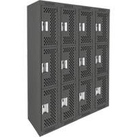 Clean Line Lockers, 3 -tier, Bank of 4, 48" x 12" x 72", Steel, Charcoal, Rivet (Assembled), Perforated Ottawa Fastener Supply