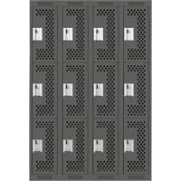 Clean Line Lockers, 3 -tier, Bank of 4, 48" x 12" x 72", Steel, Charcoal, Rivet (Assembled), Perforated Ottawa Fastener Supply