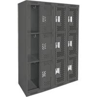 Clean Line Lockers, 3 -tier, Bank of 4, 48" x 12" x 72", Steel, Charcoal, Rivet (Assembled), Perforated Ottawa Fastener Supply