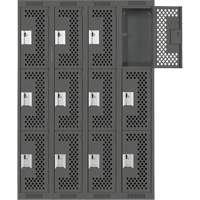 Clean Line Lockers, 3 -tier, Bank of 4, 48" x 12" x 72", Steel, Charcoal, Rivet (Assembled), Perforated Ottawa Fastener Supply