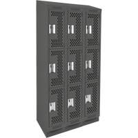 Clean Line Lockers, 3 -tier, Bank of 3, 36" x 12" x 82", Steel, Charcoal, Rivet (Assembled), Perforated Ottawa Fastener Supply