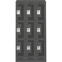 Clean Line Lockers, 3 -tier, Bank of 3, 36" x 12" x 82", Steel, Charcoal, Rivet (Assembled), Perforated Ottawa Fastener Supply