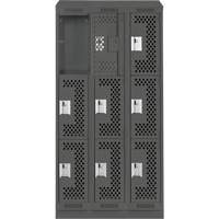 Clean Line Lockers, 3 -tier, Bank of 3, 36" x 12" x 82", Steel, Charcoal, Rivet (Assembled), Perforated Ottawa Fastener Supply