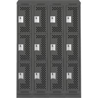 Clean Line Lockers, 3 -tier, Bank of 4, 48" x 12" x 82", Steel, Charcoal, Rivet (Assembled), Perforated Ottawa Fastener Supply