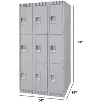 Lockers, 3 -tier, Bank of 3, 36" x 18" x 72", Steel, Grey, Knocked Down Ottawa Fastener Supply