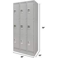 Lockers, 3 -tier, Bank of 3, 36" x 18" x 76", Steel, Grey, Knocked Down Ottawa Fastener Supply