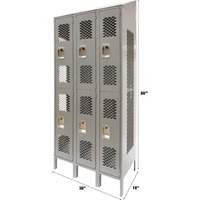 Vented Lockers, 2 -tier, Bank of 3, 36 x 18" x 88", Steel, Grey, Knocked Down, Perforated Ottawa Fastener Supply