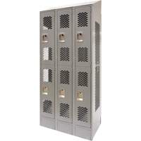 Vented Lockers, 2 -tier, Bank of 3, 36 x 18" x 88", Steel, Grey, Knocked Down, Perforated Ottawa Fastener Supply