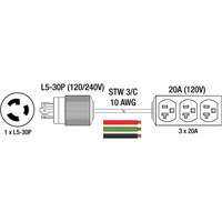 Generator Extension Cord with Tritap, STW, 10 AWG, 3 Outlet(s), 25' Ottawa Fastener Supply
